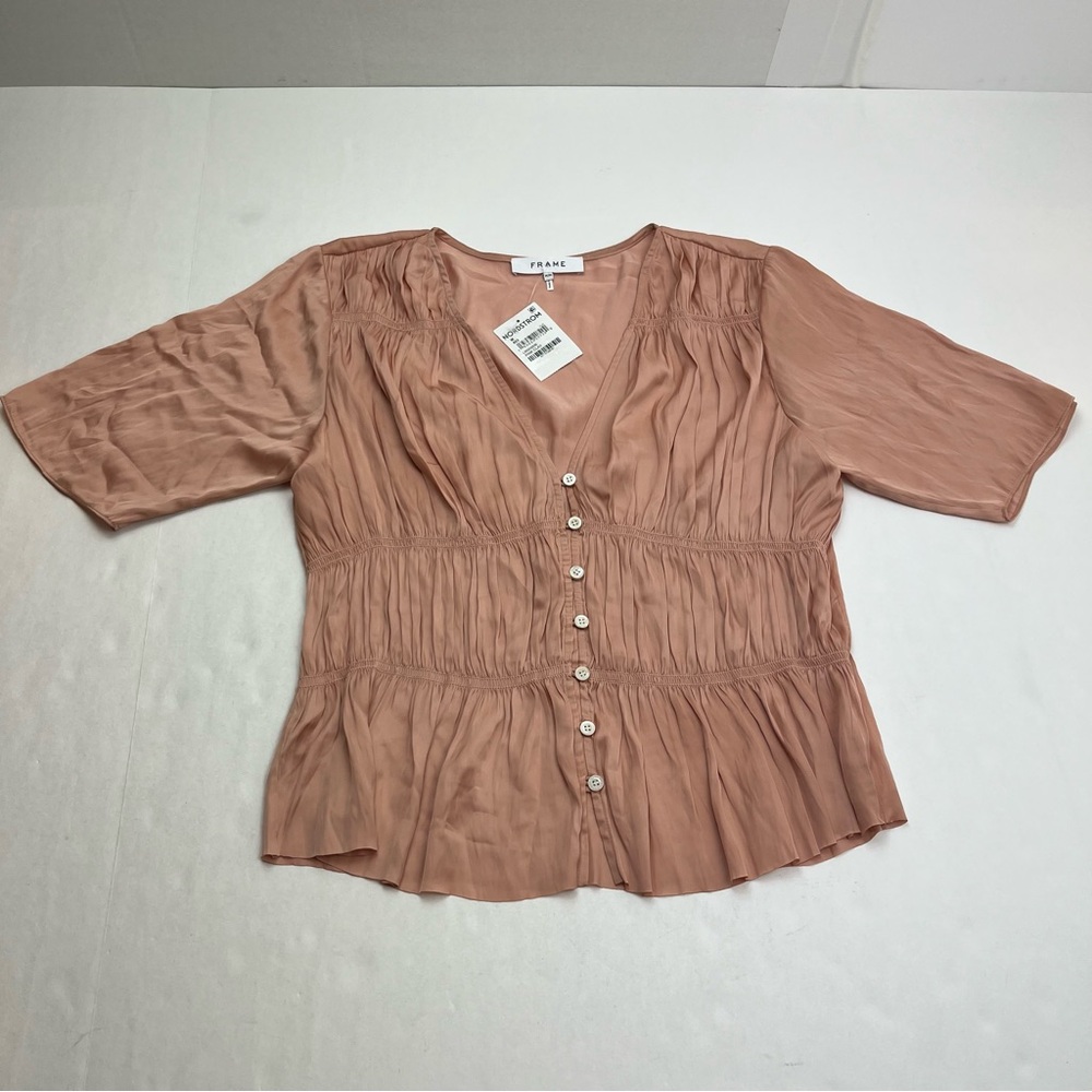 Frame Shirred V-Neck Blouse Pink Clay Women Size Medium Romantic Buttons Top NEW